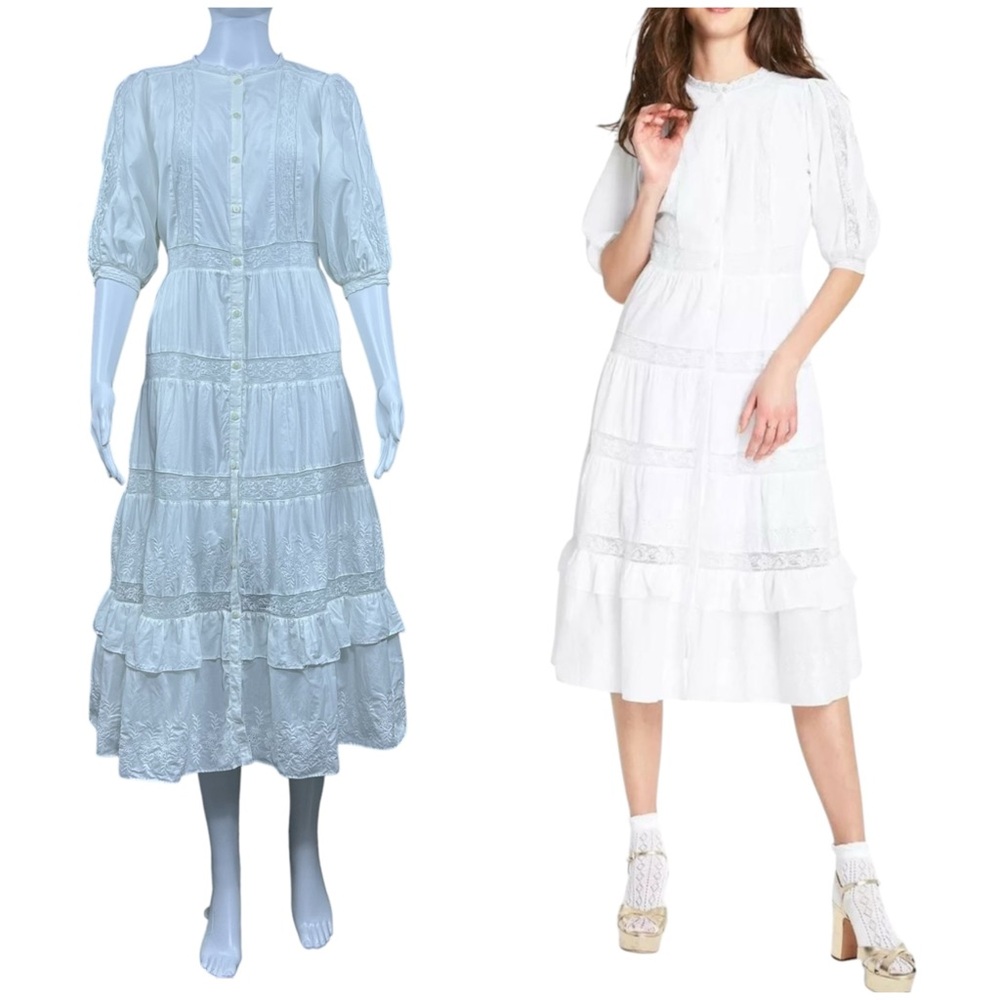 LoveShackFancy Phoebe Embroidered Lace Midi Dress Size 2 Puff Sleeve Cottagecore